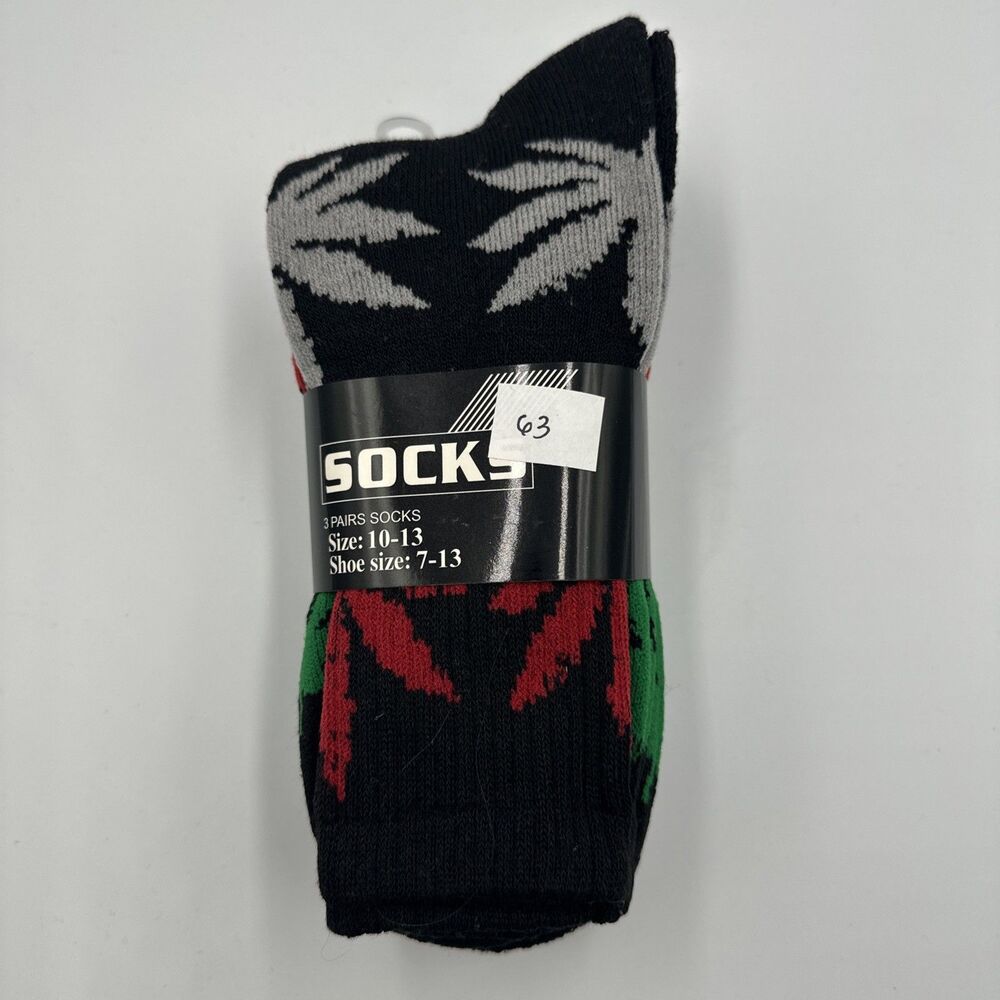 Men's Sports Leaf Weed Marijuana Crew Cotton Long Socks Size 10-13 (3 Pair Pack)